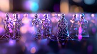 Glowing geometric human figures in purple and blue neon lights creating futuristic composition with bokeh effect background for technology and AI concepts.