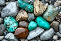Natural turquoise stones and pebbles background with brown and grey rocks showing mineral patterns and textures in close up macro photography.