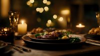 Romantic dinner setting with grilled steak, roasted vegetables on dark plate, glowing candles and champagne creating intimate atmosphere with bokeh lights.