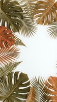 Tropical leaves frame with monstera, palm fronds and ferns in warm earth tones creating natural border on white background for botanical design projects.