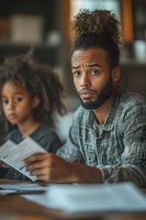 Concerned African American father with curly hair sitting at table with young daughter, both looking worried while reviewing financial documents at home.