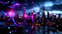 Futuristic city skyline with glowing digital network visualization overlay, neon pink and blue lights creating dynamic bokeh effect against night urban background.