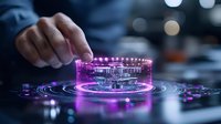 Futuristic holographic display showing advanced processor chip with glowing purple light effects and circular interface patterns in dark technological environment.