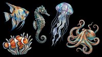 Colorful sea creatures collection featuring tropical fish, seahorse, jellyfish, anemone and octopus isolated on transparent background. Ready for clipart, t-shirt design, stickers, sublimation and print-on-demand projects.