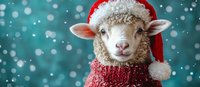Adorable sheep wearing red Santa hat and knitted sweater against turquoise background with falling snow. Holiday Christmas winter animal portrait for greeting cards.