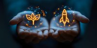 Hands holding glowing startup symbols of plant seedling and rocket, representing growth and innovation in business development.