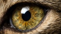 Close-up macro shot of golden amber animal eye with detailed iris patterns and fur texture surrounding the eye socket for wildlife photography projects.