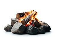 Burning logs in stone fire pit with glowing embers and bright flames, isolated on white background for outdoor camping designs.