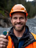 Smiling Caucasian male construction worker or engineer with beard wearing orange safety helmet and vest holds compass while working outdoors in mountainous terrain.