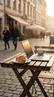 Laptop and croissant on outdoor cafe table in European city street with blurred pedestrians and historic architecture, ideal for remote work and freelance lifestyle content.