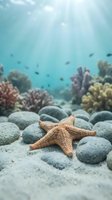 Orange starfish resting on sandy ocean floor surrounded by smooth stones with vibrant coral reef and tropical fish in blurred background underwater scene.