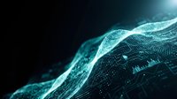Digital wave of glowing particles flowing across dark background, representing data stream, technology innovation, and network connectivity for digital transformation projects.