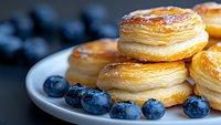 Fresh baked flaky puff pastry rounds with golden caramelized tops served on white plate with ripe blueberries, close up view of French pastries.