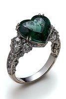 Heart-shaped emerald engagement ring with intricate vintage-style silver setting and diamond accents on white background, isolated for jewelry marketing.