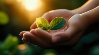 Cupped hands gently holding fresh green leaf in warm sunlight symbolizing environmental care, growth, sustainability and nature protection concept.