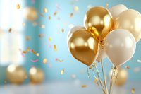 Festive gold and white balloons with falling confetti against soft blue background, creating elegant party atmosphere for celebration and special events.