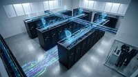 Modern data center server room with black server racks and blue LED lighting in clean white facility for cloud computing and technology infrastructure.