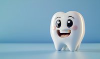 Cartoon tooth character with smiling face on blue background, representing dental care and oral hygiene for children's education.