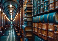 Ancient library corridor with rows of vintage leather-bound books on wooden shelves, illuminated by warm hanging lamps creating dramatic perspective down arched hallway.