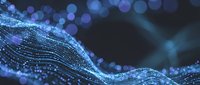 Abstract blue digital wave with glowing particles and bokeh lights on dark background for technology presentations and futuristic designs.