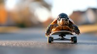 Adventurous turtle wearing helmet rides skateboard on asphalt road during sunset, creating playful and dynamic sports scene with natural bokeh background.