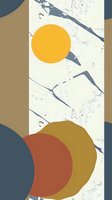 Abstract geometric composition featuring overlapping circles in muted yellow, terracotta, and navy blue on marble texture background. Modern minimalist wall art design.