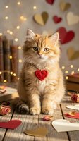 Adorable orange tabby kitten wearing red heart collar sits among scattered paper hearts with warm bokeh lights for Valentine's Day celebration.