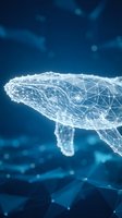Digital brain wireframe model with glowing neural network connections on blue technology background for AI and machine learning concepts.