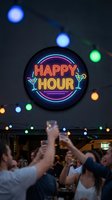Vibrant neon happy hour sign glowing above crowded bar with people raising drinks in celebration during evening social gathering at restaurant or pub.