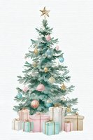 Watercolor Christmas tree decorated with pastel ornaments and gold star topper, surrounded by wrapped presents in soft colors.