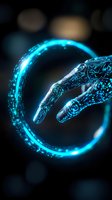 Glowing robotic hand reaches toward luminous blue circle against dark background, creating futuristic technological composition with digital particles and light effects.