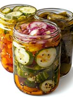 Homemade pickled vegetables in glass jars with cucumber, carrot, red onion and spices. Fresh preserved seasonal produce in vinegar brine for fermentation.