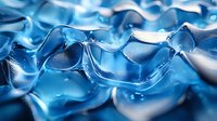 Macro photography of melting ice cubes with smooth curved surfaces creating abstract pattern in cool blue tones, showing transparency and liquid reflections.