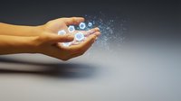 Digital technology icons floating from open hand against gray background, representing data transfer, connectivity, and innovation for business solutions.