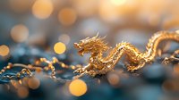 Golden dragon figurine with intricate details against blurred bokeh lights background creating magical atmosphere, decorative Asian symbol of power and luck.