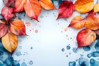Vibrant autumn leaves frame with red and orange foliage on watercolor background with blue splashes and white copy space for seasonal designs.