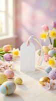 Blank white gift tag with rainbow ribbon surrounded by colorful Easter eggs, spring flowers and tulips on bright windowsill for holiday crafting.