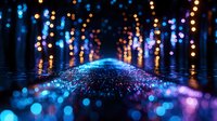 Glowing blue and gold bokeh lights create magical pathway reflection on wet surface, dreamy night atmosphere with blurred illumination and sparkles for festive background.
