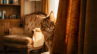 Tabby cat peeking behind brown curtain in warm living room with furniture and shelving in background, domestic pet portrait.