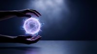 Human hands protecting glowing geometric sphere with electric energy effects on dark blue background for technology and innovation concepts.