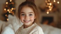 Young girl with brown hair in cozy cream sweater smiling warmly in living room with golden bokeh lights creating festive holiday atmosphere at home.