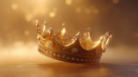 Golden royal crown with jewels and ornate details floating on reflective surface against warm bokeh background, dramatic lighting creates majestic atmosphere.