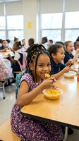 Happy African American girl eating lunch in school cafeteria with diverse classmates enjoying meal together in bright educational environment.