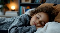 Young African American girl with curly hair sleeping peacefully under cozy blanket at home, warm evening light from lamp creates tranquil atmosphere for sweet dreams and rest.