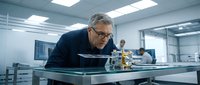 Senior male engineer with gray hair and glasses examining 3D printer prototype in modern laboratory setting with colleagues working in background.