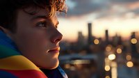 Young person wearing rainbow flag scarf gazes thoughtfully at city skyline during sunset, soft bokeh lights create dreamy urban backdrop. Pride concept.