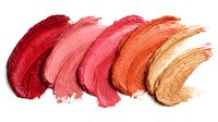 Gradient of lipstick swatches from deep red to coral and gold, showcasing makeup texture and color palette for beauty industry and cosmetic advertising.