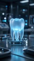 Futuristic holographic tooth model glowing blue in modern dental laboratory setting for medical technology and healthcare innovation presentations.