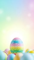 Colorful decorated Easter egg with geometric patterns on pastel rainbow gradient background with blurred eggs for spring holiday celebrations.