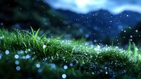Fresh green grass with morning dew drops glowing in soft blue light against dark background, creating magical natural bokeh effect and ethereal atmosphere.